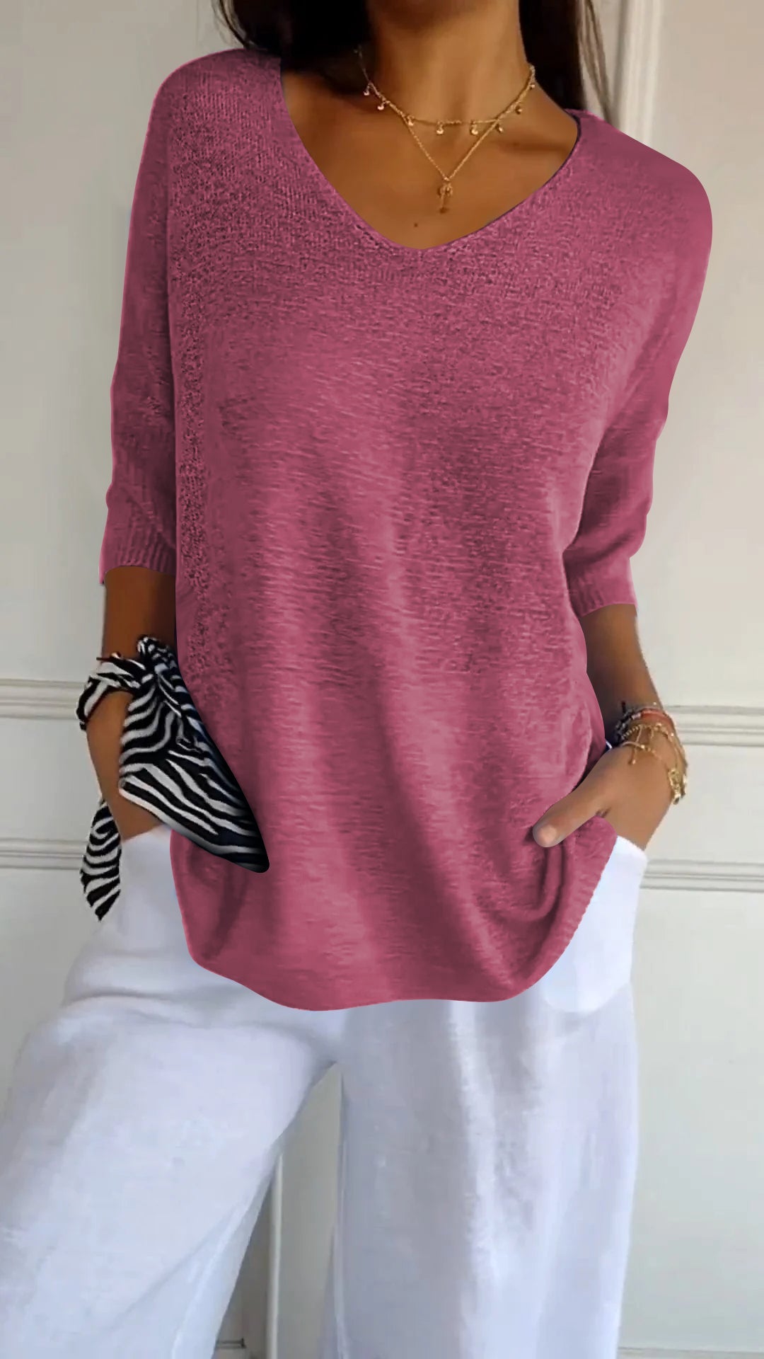 Lia™ | Solid Color Knit Top with V-Neck