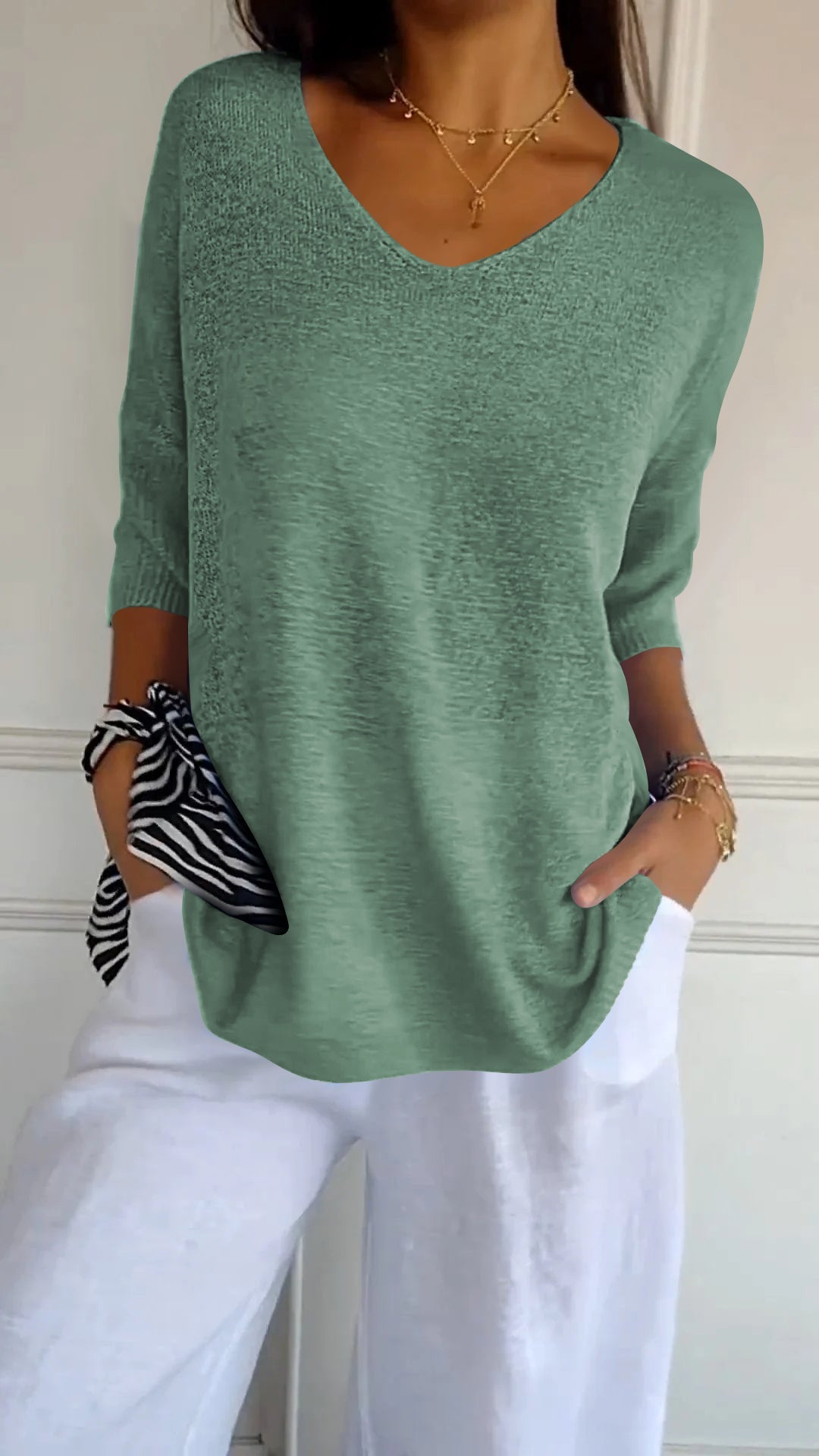 Lia™ | Solid Color Knit Top with V-Neck