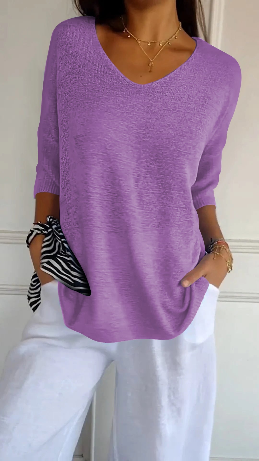 Lia™ | Solid Color Knit Top with V-Neck