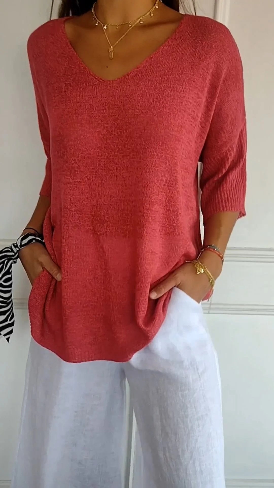 Lia™ | Solid Color Knit Top with V-Neck