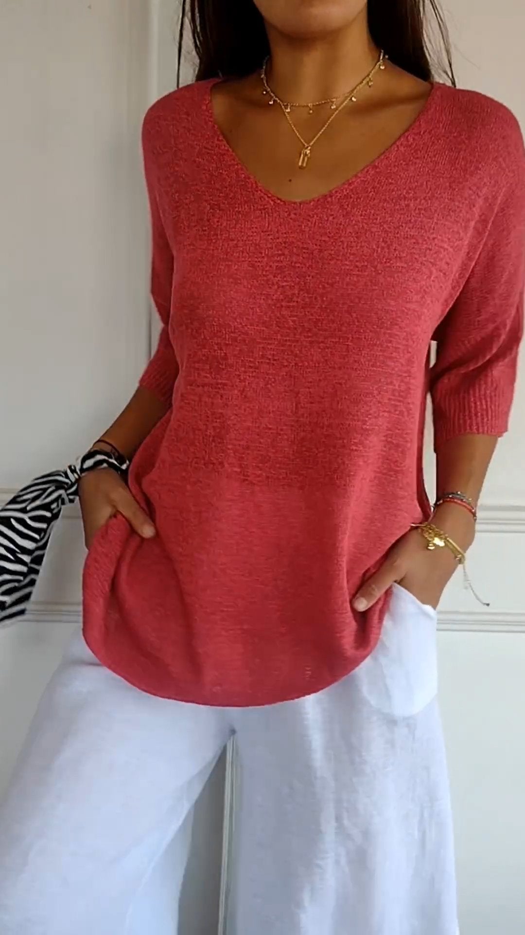 Lia™ | Solid Color Knit Top with V-Neck